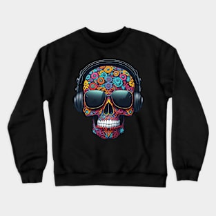 Funny Sugar Candy Skull With Headphones and Sun Glasses Crewneck Sweatshirt